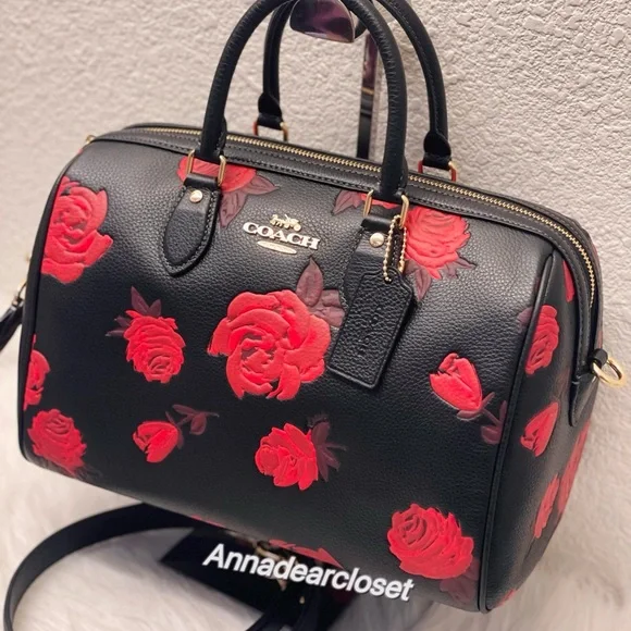 Coach Rowan Large Satchel Bag With Floral Print CCE27 in Black/Red - Picture 6 of 15